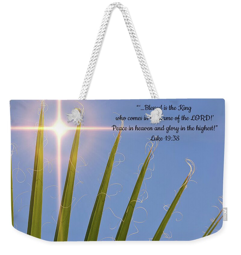 Palm Sunday Weekender Tote Bag featuring the digital art Palm Sunday Scripture by Gaby Ethington