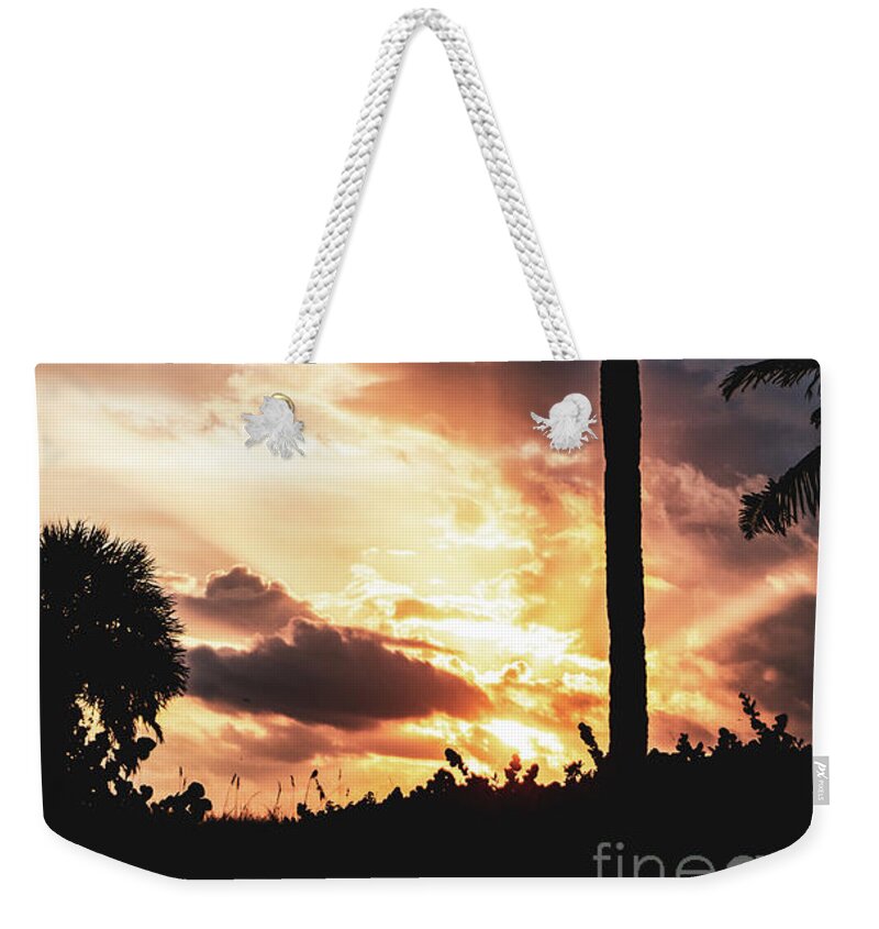 Tropical Weekender Tote Bag featuring the photograph Palm Tree Silhouettes and Sunset Coastal Nature / Landscape Photo by PIPA Fine Art - Simply Solid