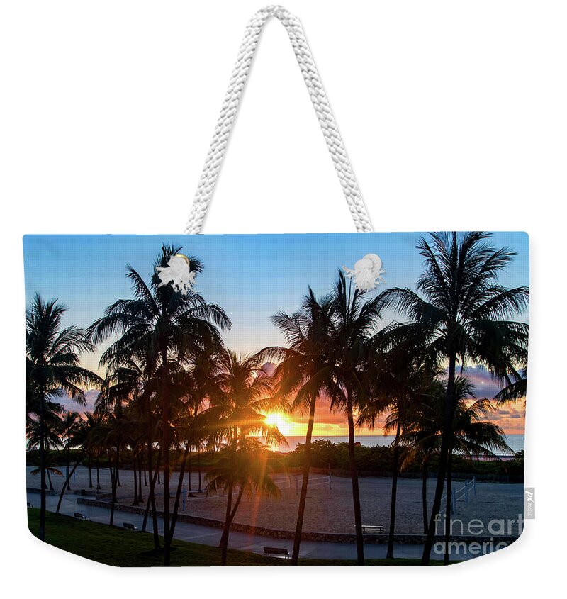 Palm Weekender Tote Bag featuring the photograph Palm Tree Sunset on Ocean Drive South Beach Miami by Beachtown Views