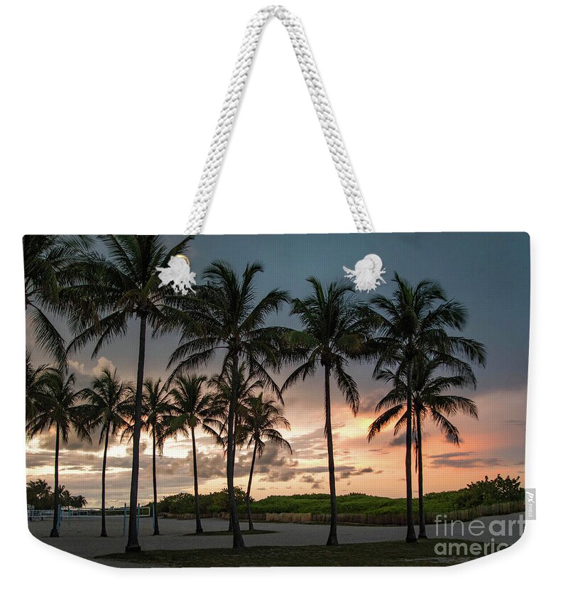 Sunset Weekender Tote Bag featuring the photograph Palm Tree Sunset, South Beach, Miami, Florida by Beachtown Views