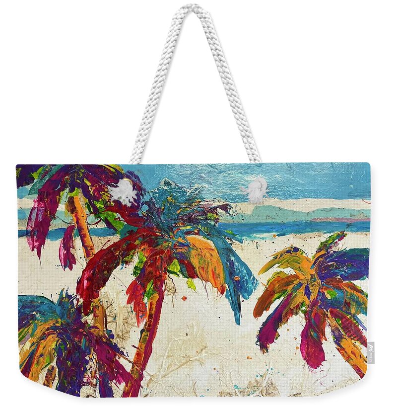 Palm Trees Weekender Tote Bag featuring the painting Palmas en La Playa by Elaine Elliott
