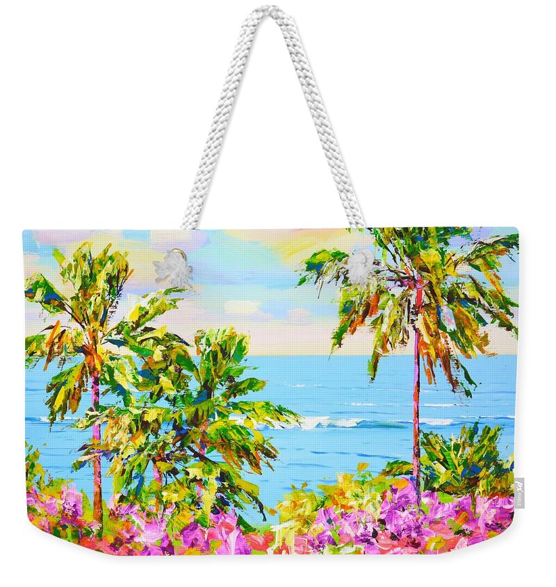 Ocean Weekender Tote Bag featuring the painting 	Palms. Ocean. Flowers. by Iryna Kastsova