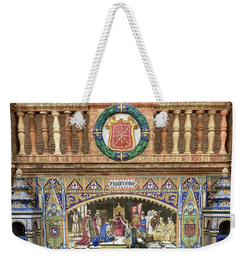 Pamplona Detail Weekender Tote Bag featuring the photograph Pamplona Mosaic - Plaza de Espana - Seville by Phil Banks