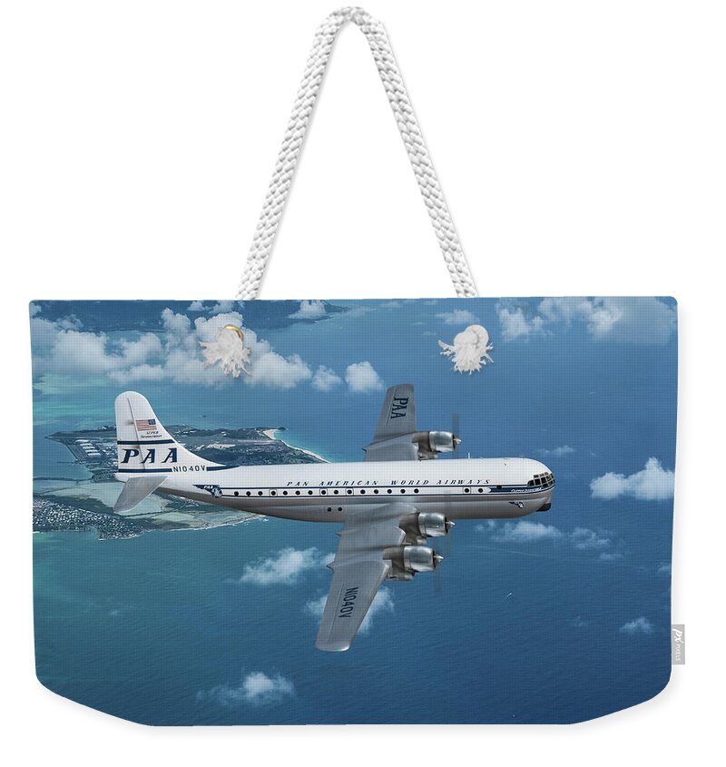 Pan American World Airways Weekender Tote Bag featuring the digital art Pan American Super Stratocruiser by Erik Simonsen