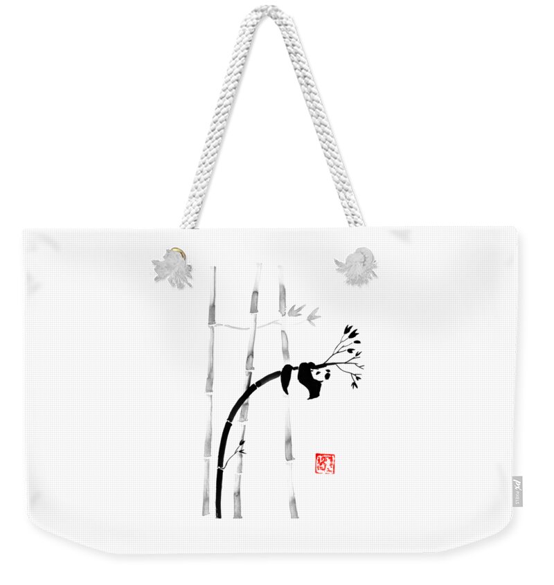 Panda Weekender Tote Bag featuring the drawing Panda On Bamboo by Pechane Sumie