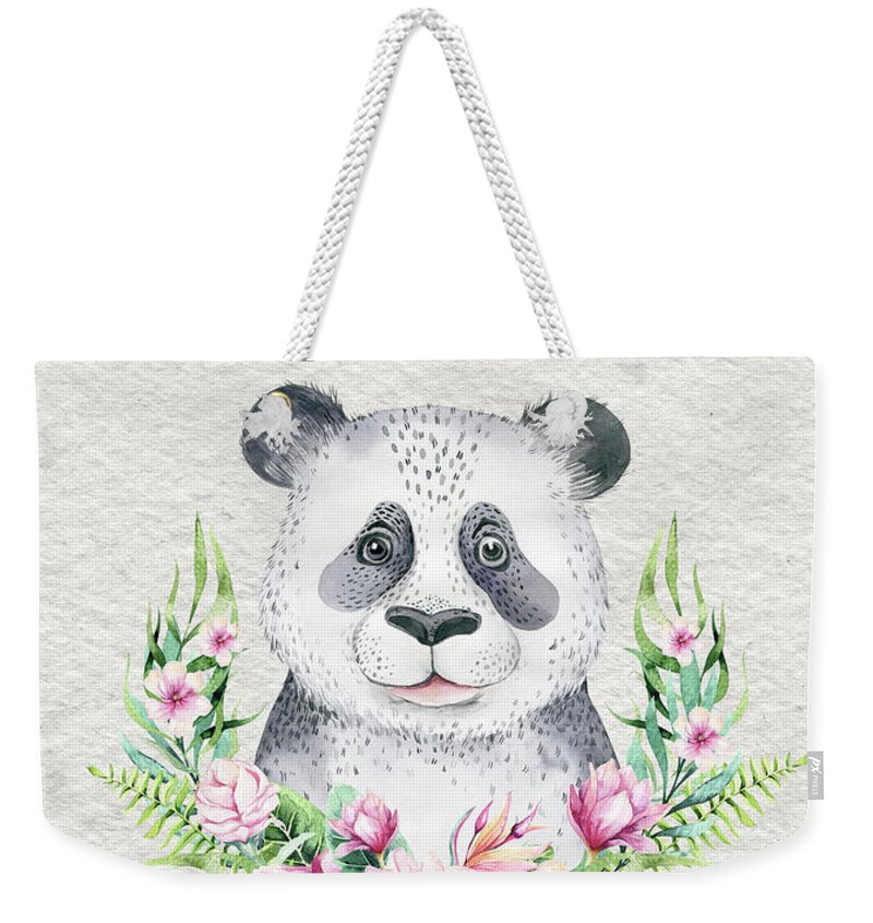 Panda Weekender Tote Bag featuring the painting Panda Bear With Flowers by Nursery Art