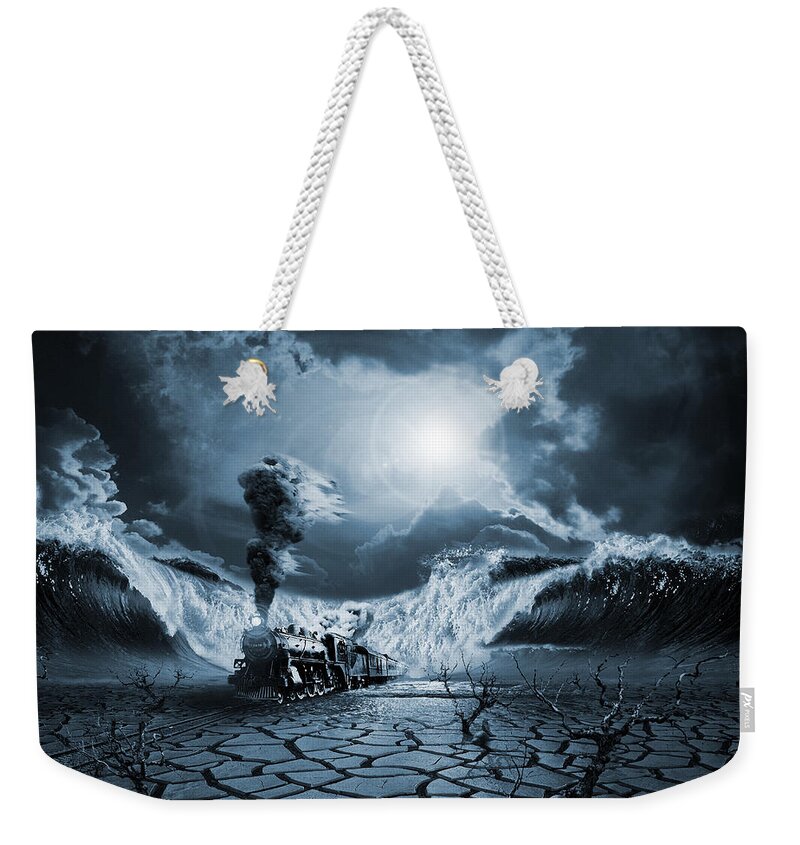 Crashing Wave Visionary Modern Surrealism Ocean Water Desert Train Weekender Tote Bag featuring the digital art Panic Attack by George Grie