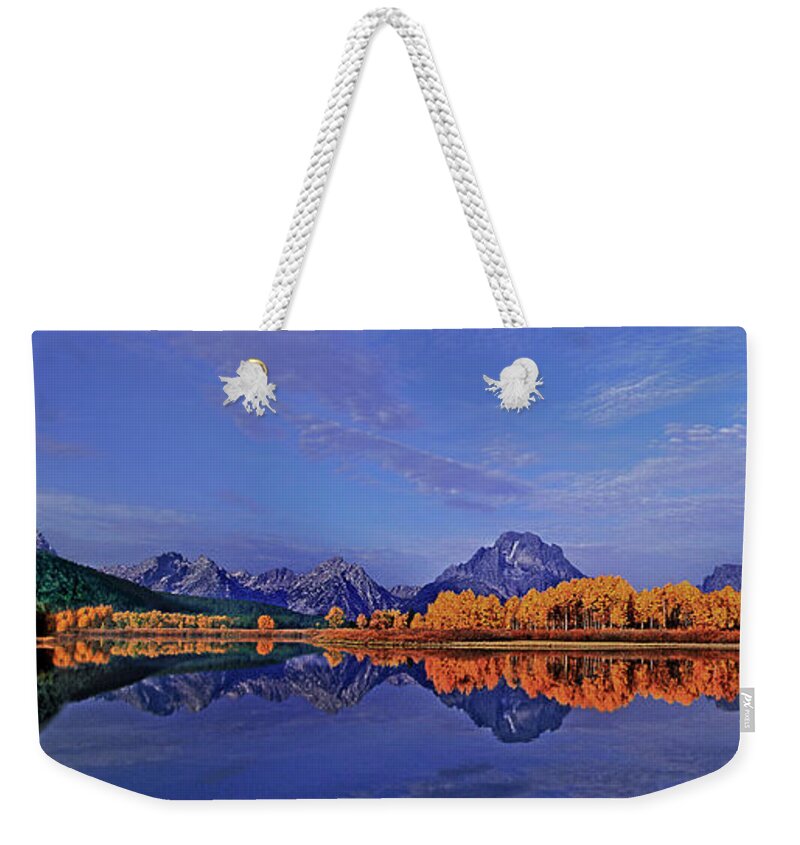 Dave Wellling Weekender Tote Bag featuring the photograph Panorama Fall Morning Oxbow Bend Grand Tetons by Dave Welling