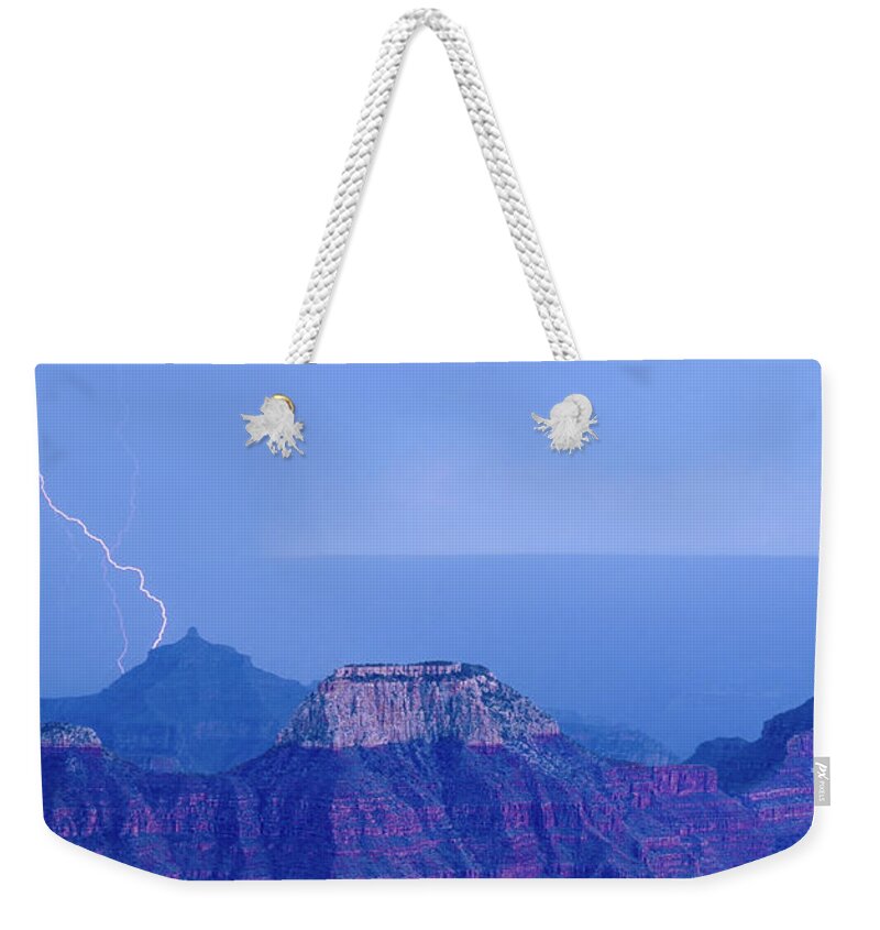 Dave Welling Weekender Tote Bag featuring the photograph Panorama Lightning Strike North Rim Grand Canyon Np Ar by Dave Welling