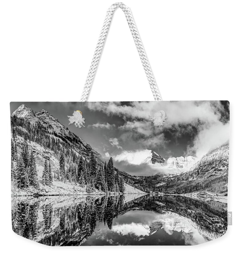 Maroon Bells Weekender Tote Bag featuring the photograph Panoramic Landscape Of The Maroon Bells in Black and White by Gregory Ballos