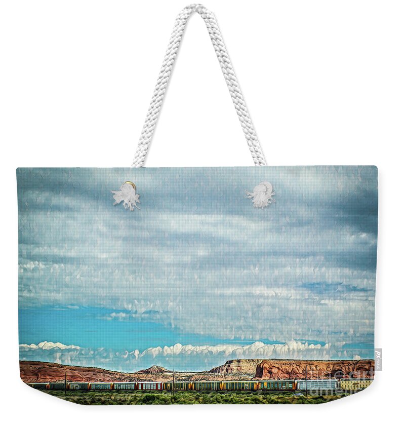 Ssouthwest Weekender Tote Bag featuring the photograph Panoramic of Train on tracks in southwestern United States with by Susan Vineyard