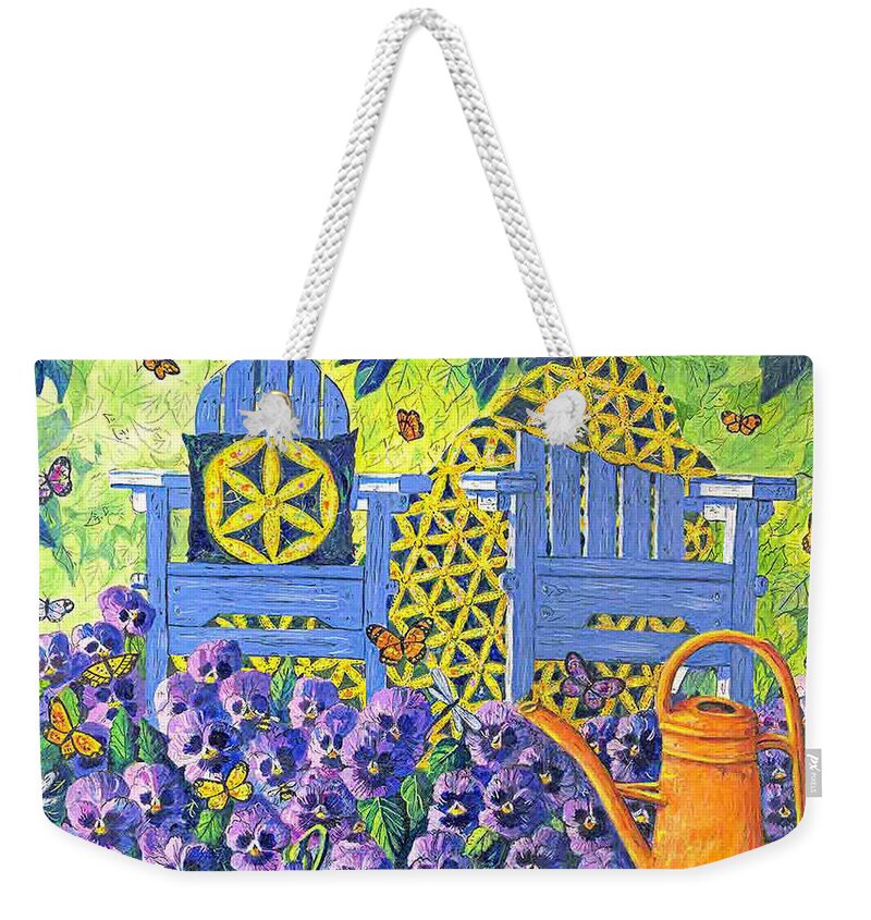 Purple Pansies Weekender Tote Bag featuring the painting Pansy Quilt Garden by Diane Phalen