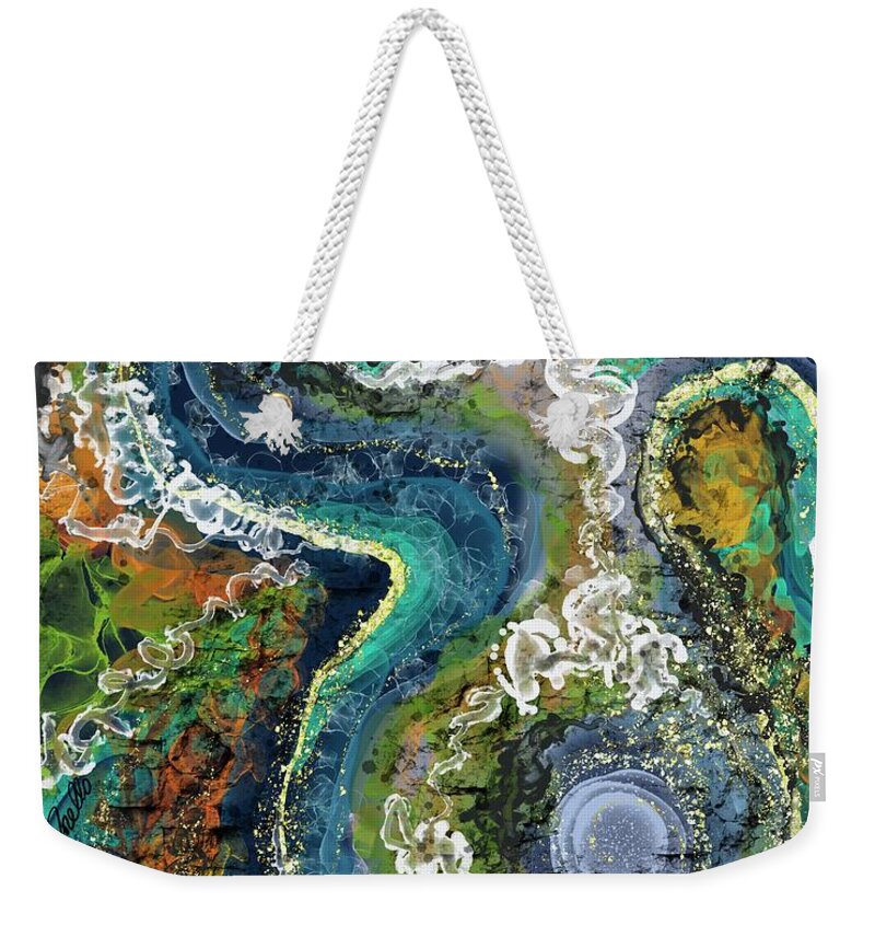 Paradise Agate Geode Earth Crystal Layers Minerals Stone Elements Land Water World Rivers Streams Golden Flecks Clouds Colorful Lost Wander Wonder Explore Create Believe Love Natural Organic Weekender Tote Bag featuring the painting Paradise Agate by Megan Torello