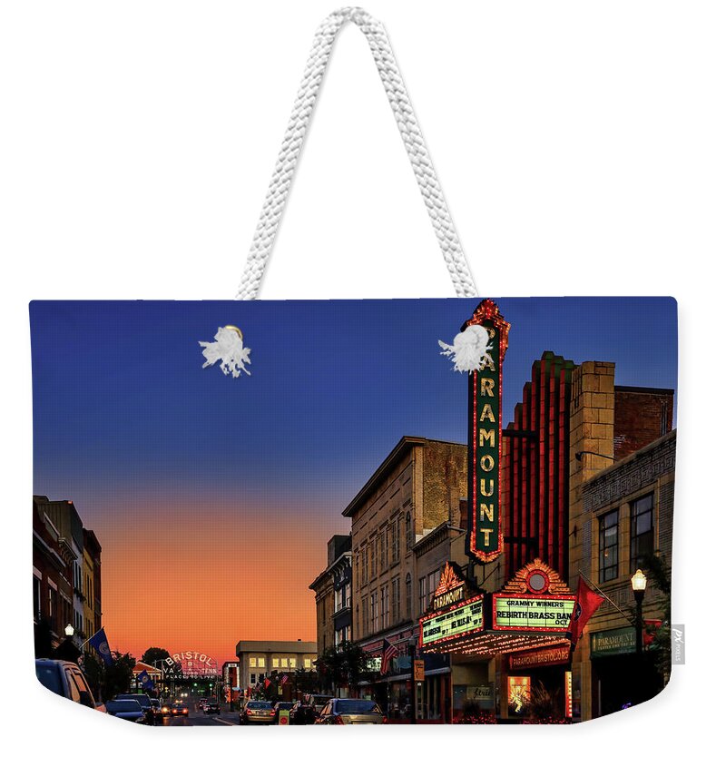 Night Weekender Tote Bag featuring the photograph Paramount Theater at Sunset by Shelia Hunt
