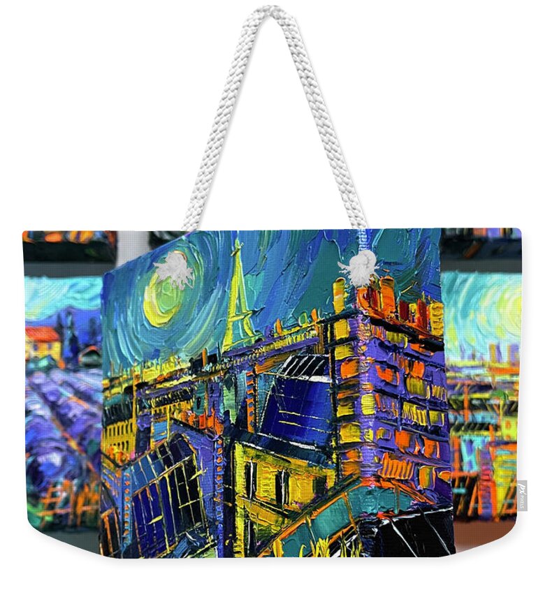 Paris Roofs By Moonlight Weekender Tote Bag featuring the painting PARIS ROOFS BY MOONLIGHT - 3D canvas painted edges right side by Mona Edulesco