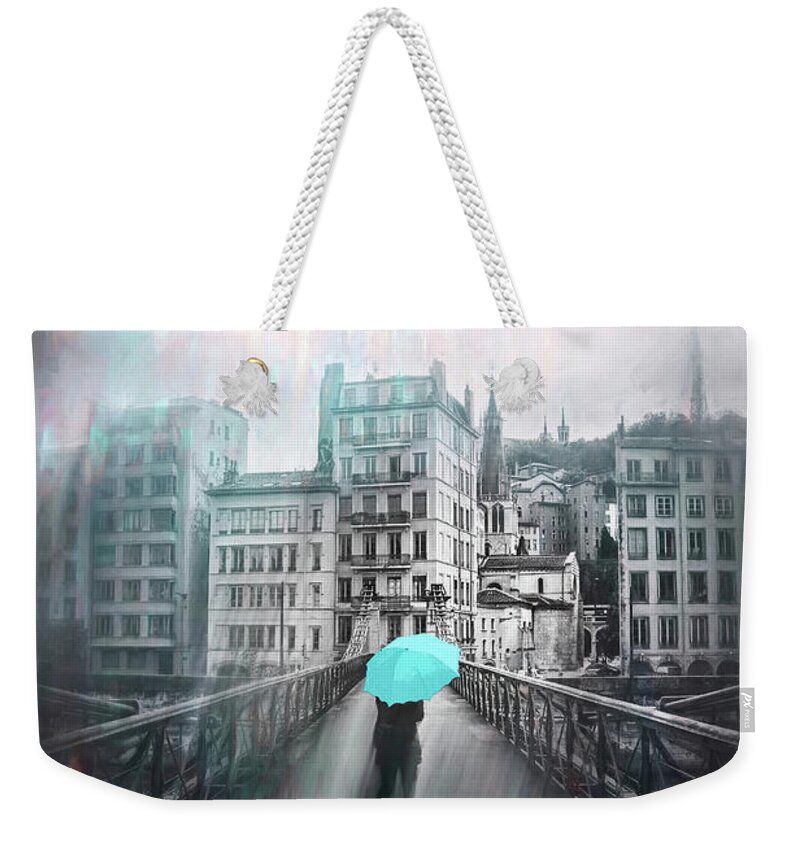 Lyon Weekender Tote Bag featuring the photograph Passerelle Saint Vincent Lyon France Rainy Shades of Blue by Carol Japp