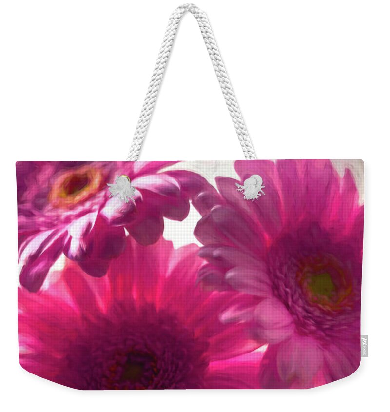 Gerbera Daisy Weekender Tote Bag featuring the photograph Pastel Pink Gerbera Daisy Trio Painterly by Carol Japp