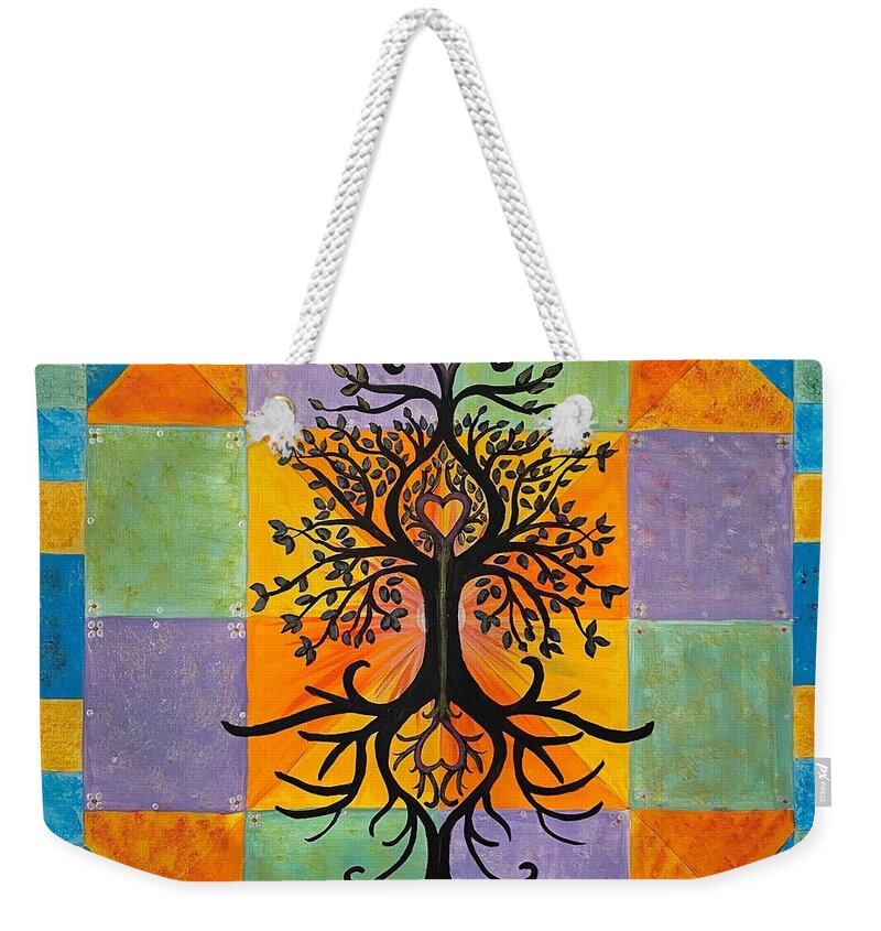 Tree Of Life Weekender Tote Bag featuring the painting Patchwork of Life by Nancy Sisco