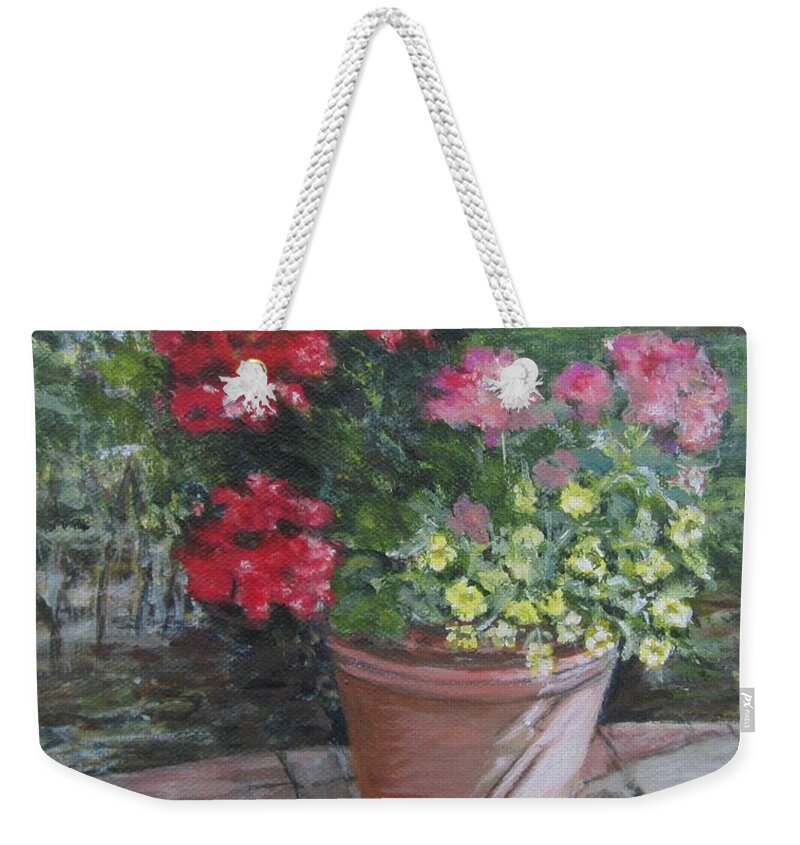 Painting Weekender Tote Bag featuring the painting Patio Geranium by Paula Pagliughi