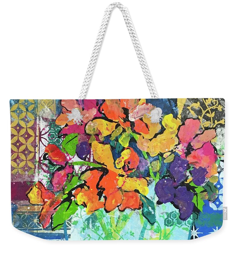 Mixed Flower Bouquet Weekender Tote Bag featuring the painting Patio Profusion by Elaine Elliott