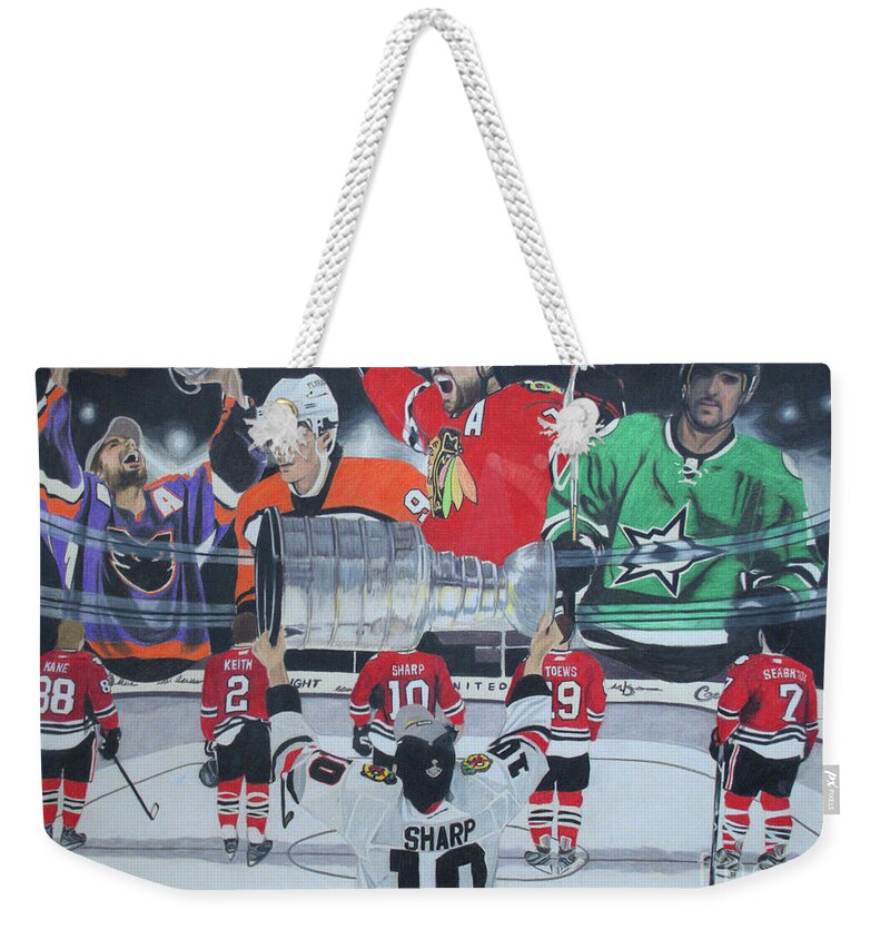 Patrick Sharp Weekender Tote Bag featuring the drawing Patrick Sharp - A Story of a Career by Melissa Jacobsen