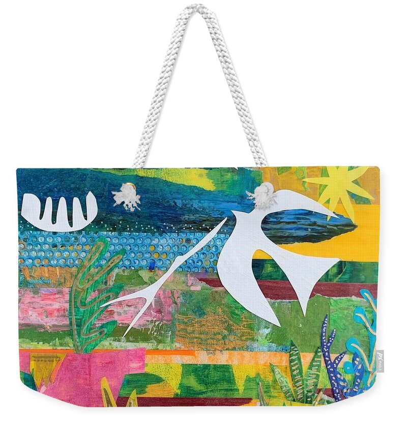 Mixed Media Weekender Tote Bag featuring the mixed media Peace and Love with Dove by Julia Malakoff