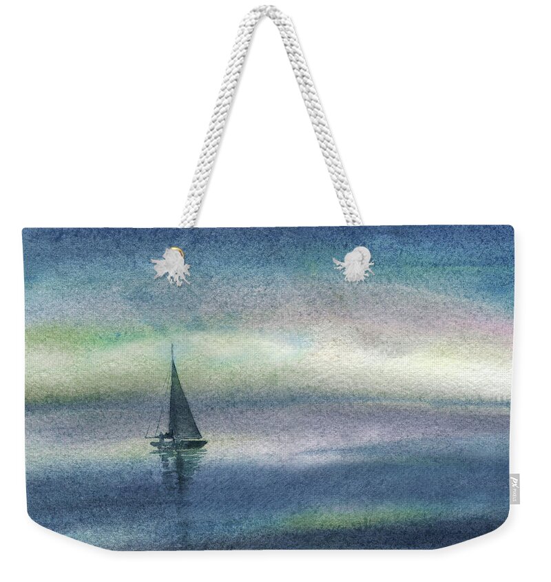 Ocean With Single Drifting Boat Painting Weekender Tote Bag featuring the painting Peaceful Evening At The Sea Drifting Boat by Irina Sztukowski