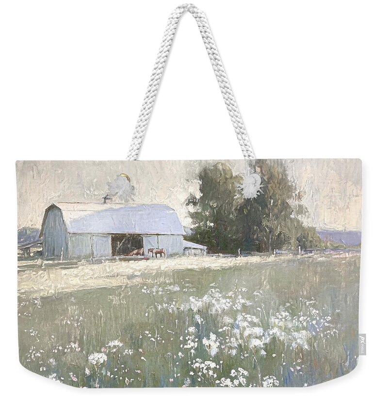 Rustic Barn Weekender Tote Bag featuring the mixed media Peaceful Pastures 02 by Ramona Murdock