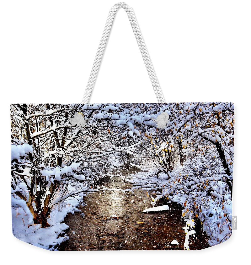 Taos Weekender Tote Bag featuring the photograph Peaceful Snowy River by Elijah Rael