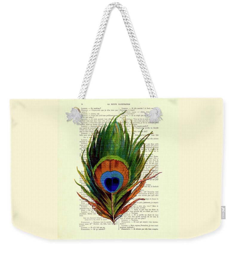 Peacock Weekender Tote Bag featuring the digital art Peacock feather on French antique book page by Madame Memento
