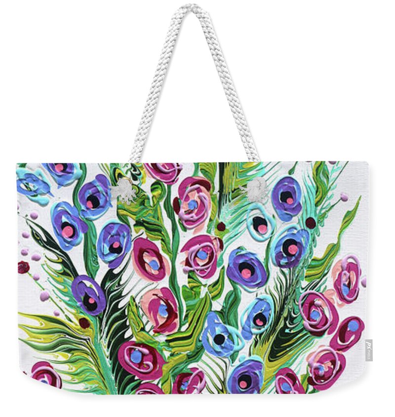 Fluid Acrylic Painting Weekender Tote Bag featuring the painting Peacock Garden by Jane Crabtree