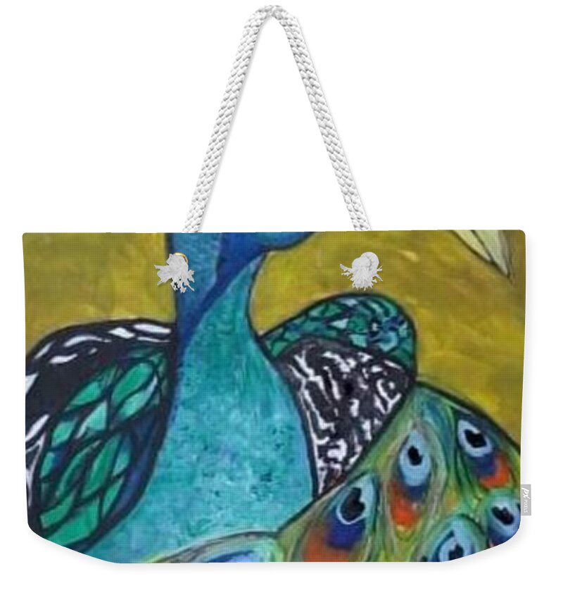 Animal Weekender Tote Bag featuring the painting Peacock by Greta Gnatek Redzko