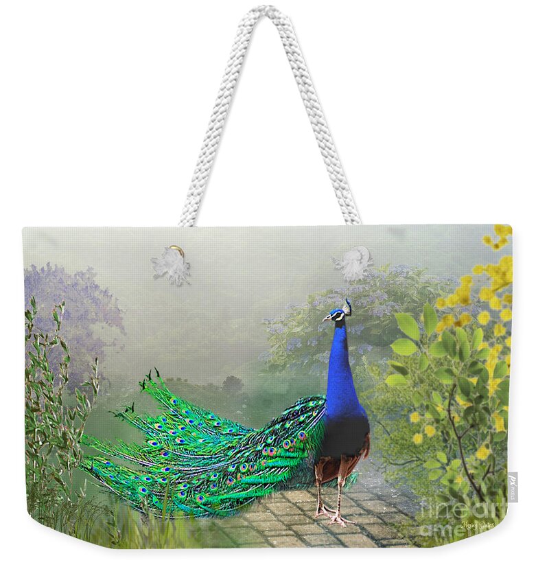Peacock Weekender Tote Bag featuring the digital art Peacock on a Misty Morning by Morag Bates