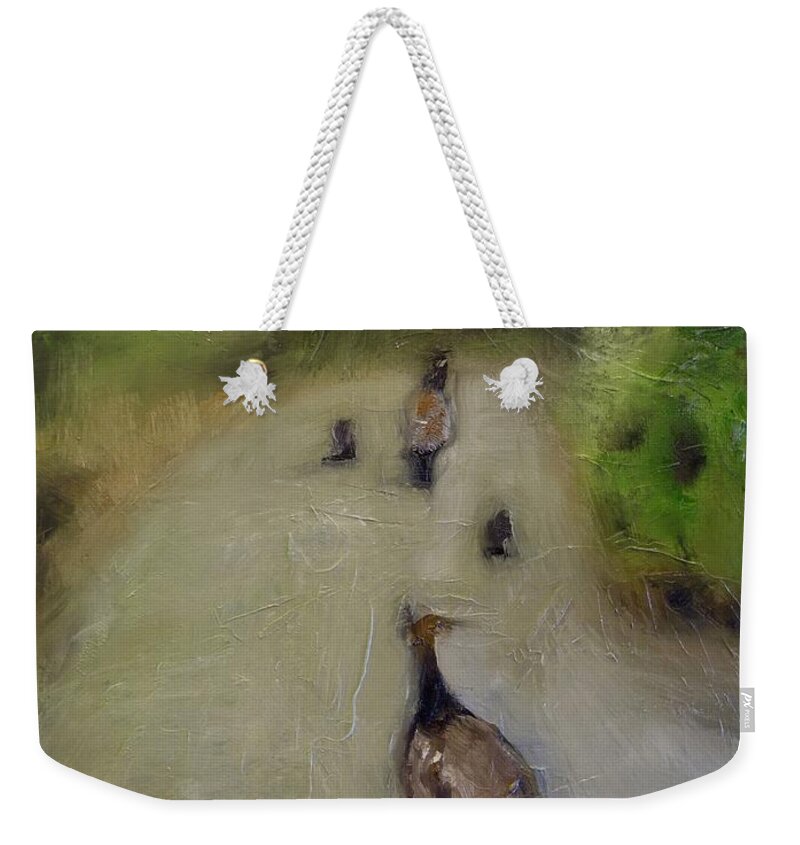 Oil Painting Weekender Tote Bag featuring the painting Peahens on parade by Suzy Norris