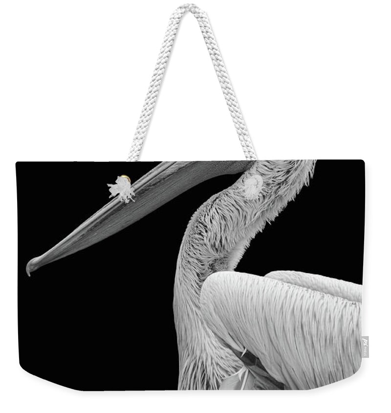 Pelican Weekender Tote Bag featuring the digital art Pelican In Black And White by Marjolein Van Middelkoop
