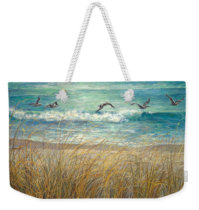 Pelican Weekender Tote Bag featuring the painting Pelican Line Up by Laurie Snow Hein