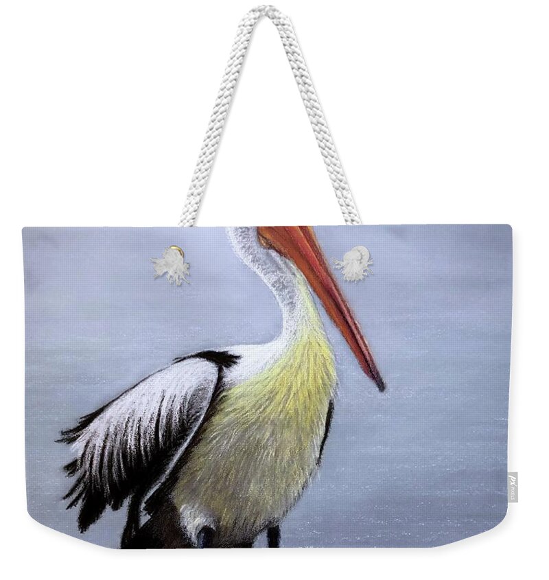 Pelican Weekender Tote Bag featuring the drawing Pelican by Marlene Little