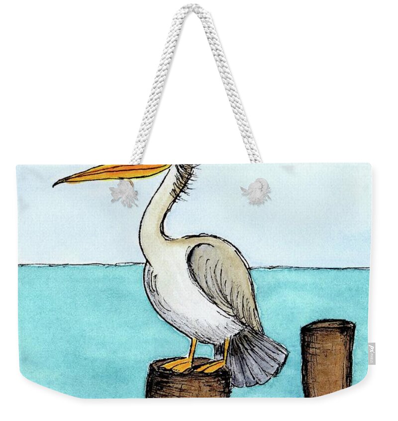 Coastal Bird Weekender Tote Bag featuring the painting Pelican Perched on Pier by Donna Mibus