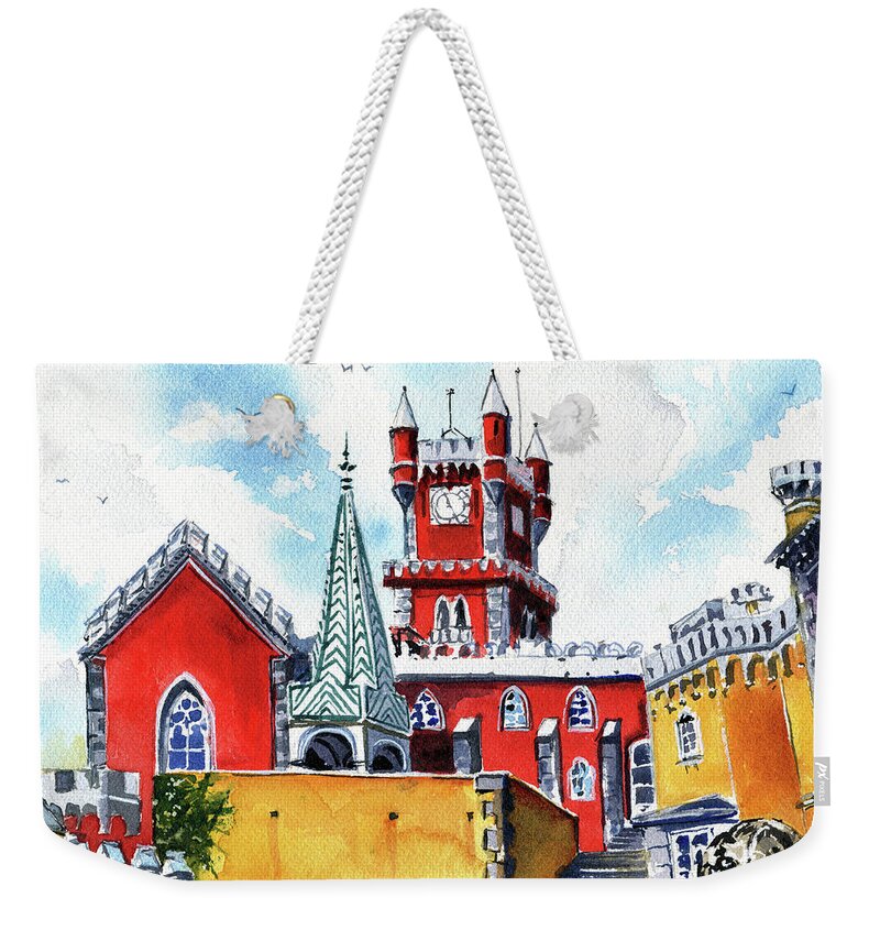 Lisboa Weekender Tote Bag featuring the painting Pena Palace Portugal Painting by Dora Hathazi Mendes
