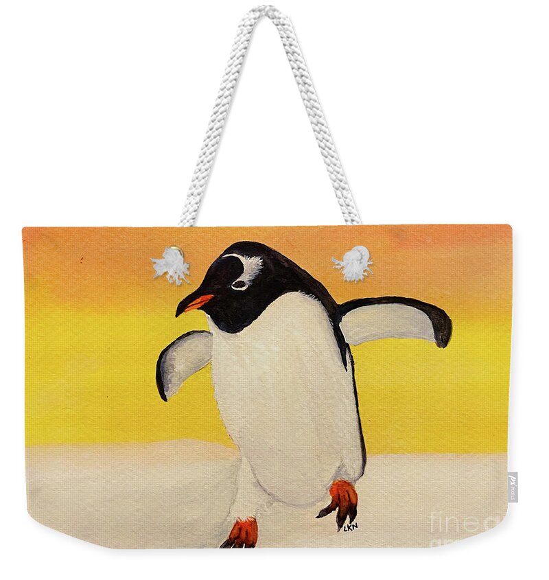 Penguin Weekender Tote Bag featuring the painting Penguin at Sunset by Lisa Neuman