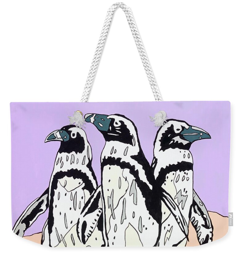 Penguins Birds Weekender Tote Bag featuring the painting Penguins by Mike Stanko