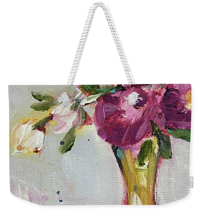 Peonies Weekender Tote Bag featuring the painting Peonies in a Yellow Vase by Roxy Rich