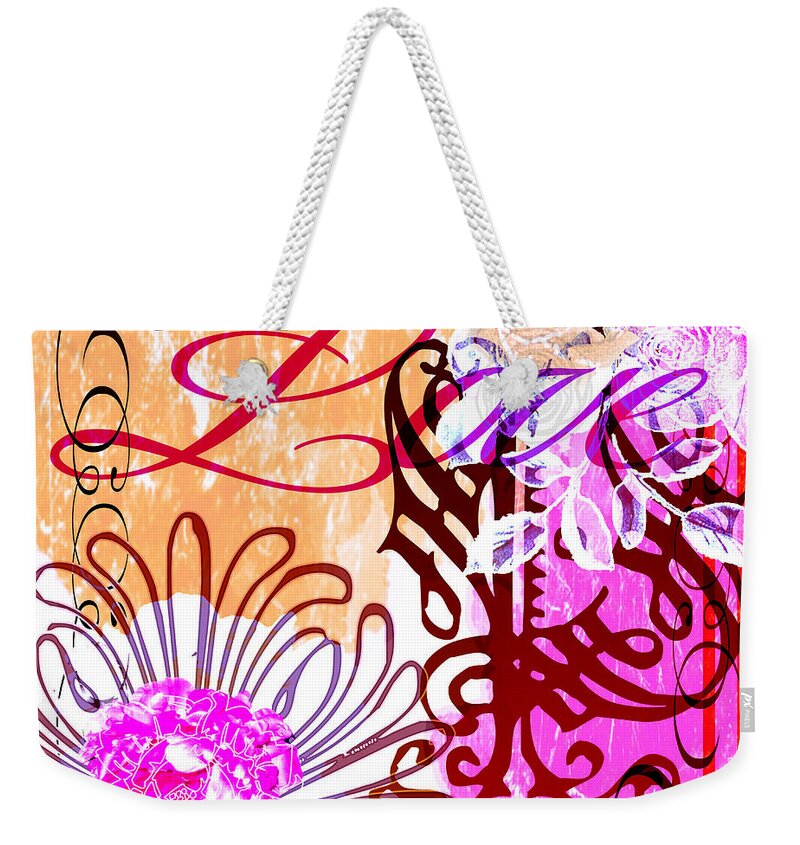 Peony Weekender Tote Bag featuring the digital art Peony Floral Collage in Pink and Orange by Delynn Addams
