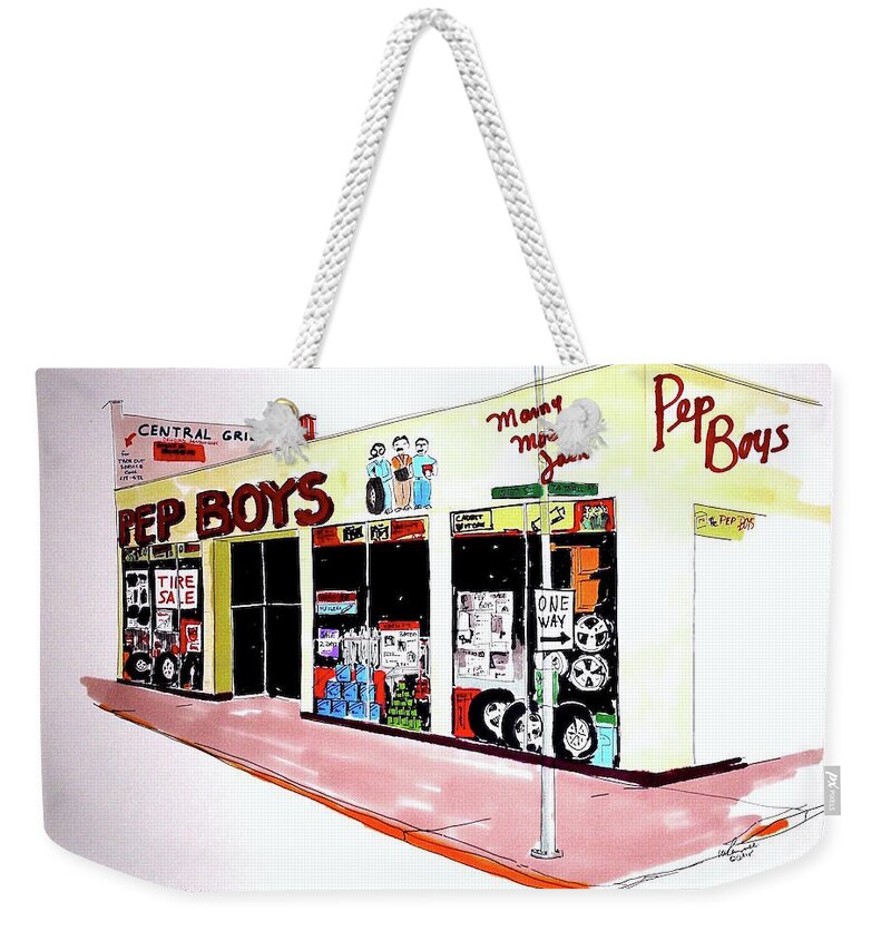 Graphic Weekender Tote Bag featuring the drawing Pep Boys by William Renzulli