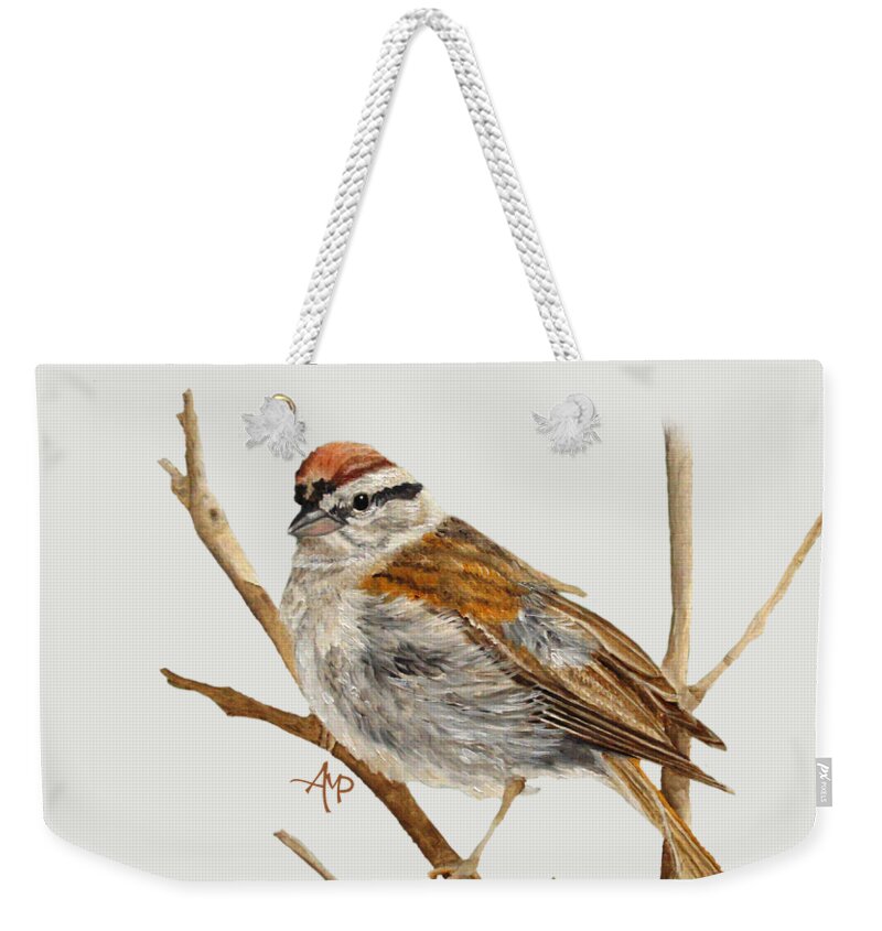 Chipping Sparrow Weekender Tote Bag featuring the painting Perched Chipping Sparrow by Angeles M Pomata