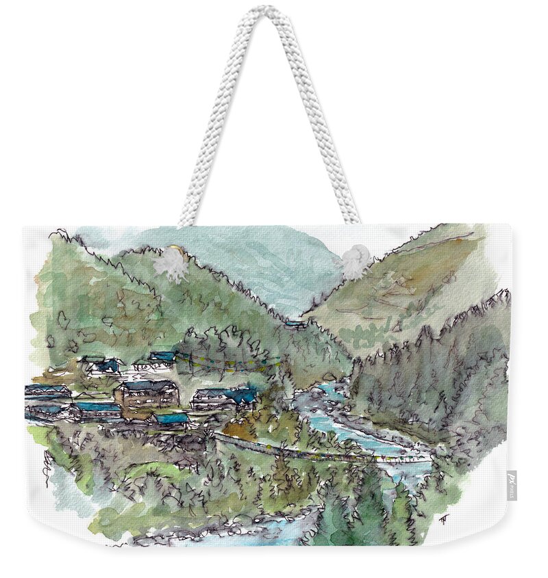 Nepal Weekender Tote Bag featuring the painting Phakding - Nepal by Tom Napper