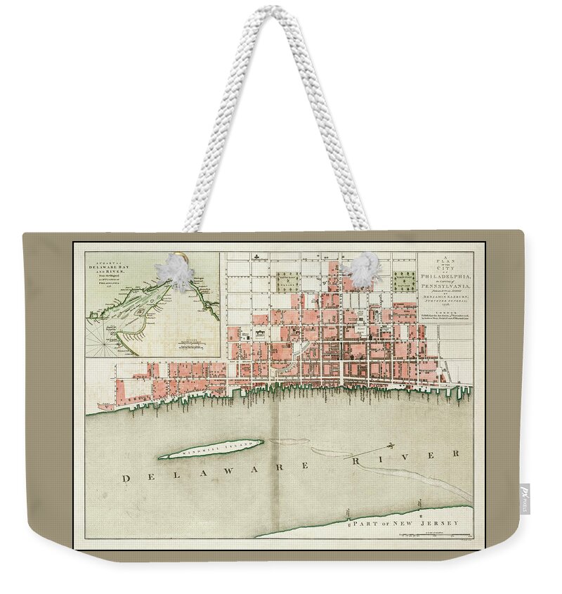 Philadelphia Weekender Tote Bag featuring the photograph Philadelphia Pennsylvania Vintage City Map 1776 by Carol Japp