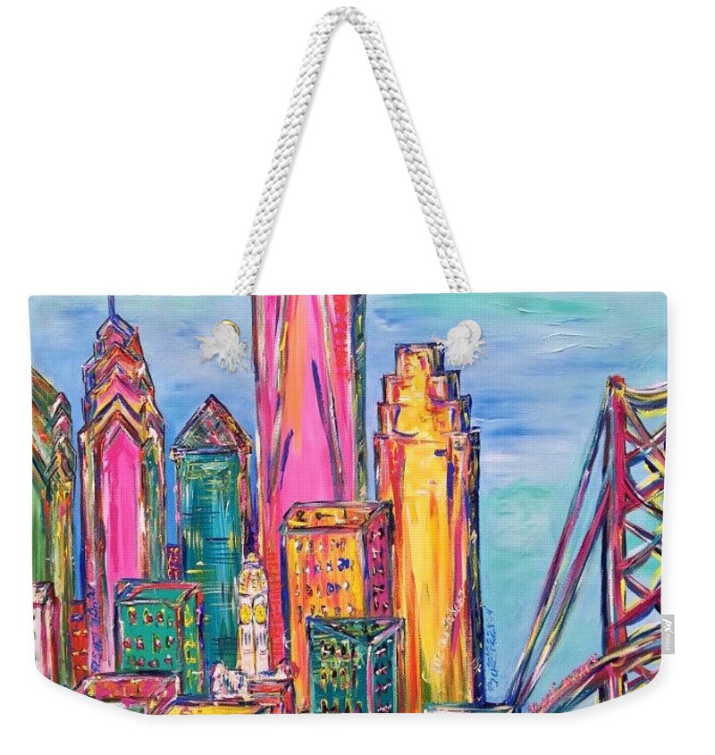 Philly Weekender Tote Bag featuring the painting Philadelphia Skyline Bright Colors by Britt Miller