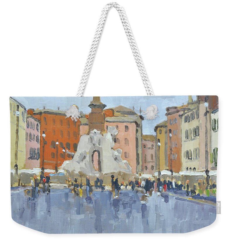 Piazza Weekender Tote Bag featuring the painting Piazza Navona - Rome, Italy by Paul Strahm