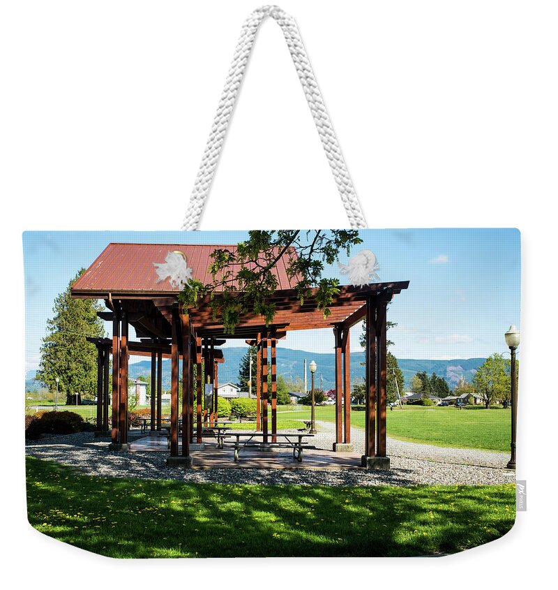 Picnic Shelter At Riverside Park Weekender Tote Bag featuring the photograph Picnic Shelter at Riverside Park by Tom Cochran